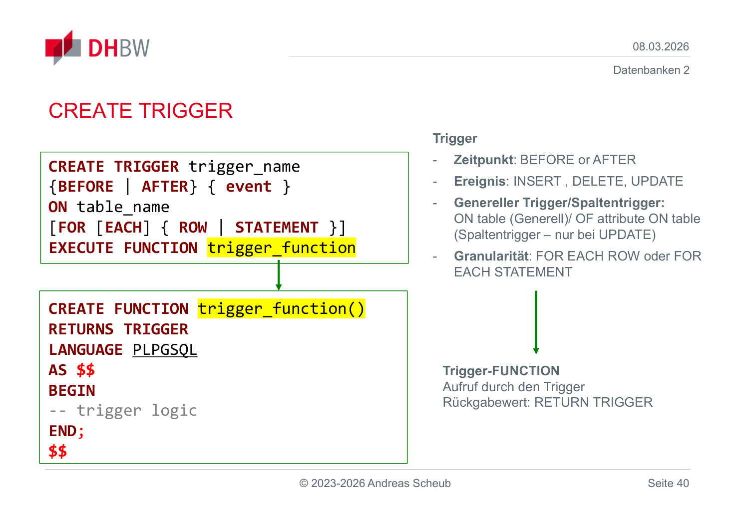 CREATE TRIGGER Syntax und Trigger Function