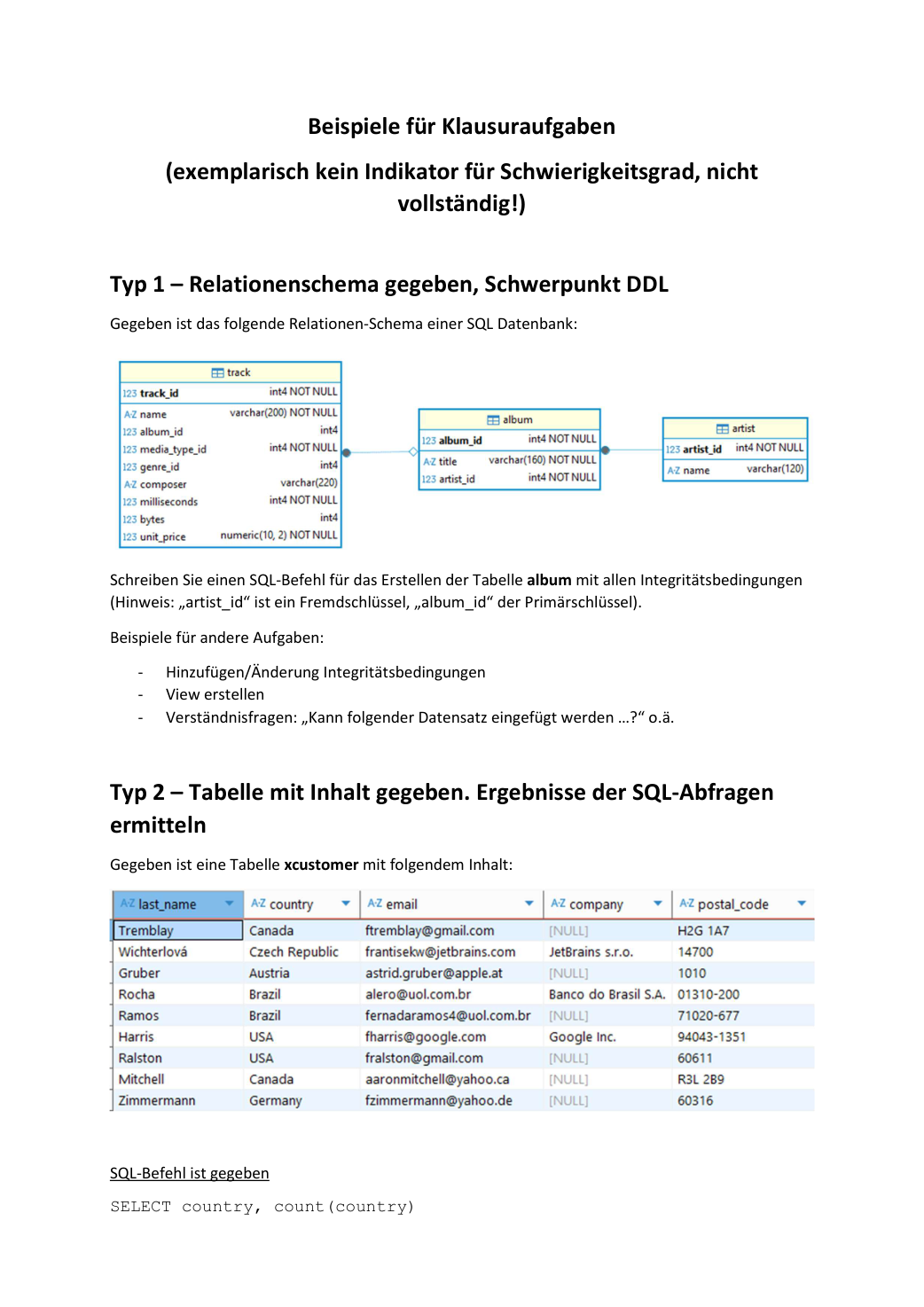 Beispiele für Klausuraufgaben