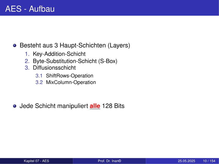 AES-Aufbau mit Key Addition, Byte Substitution und Diffusionsschicht