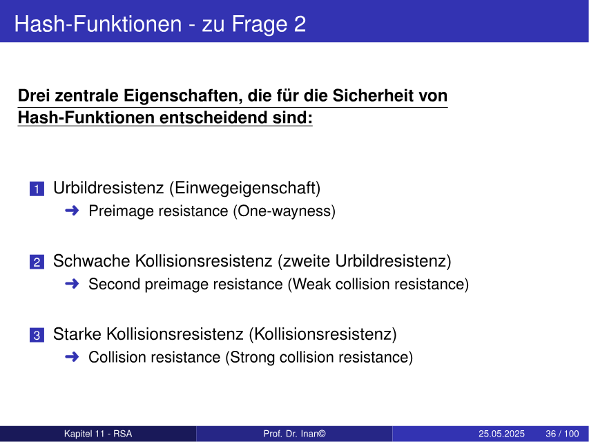 Zentrale Sicherheitseigenschaften von Hash-Funktionen